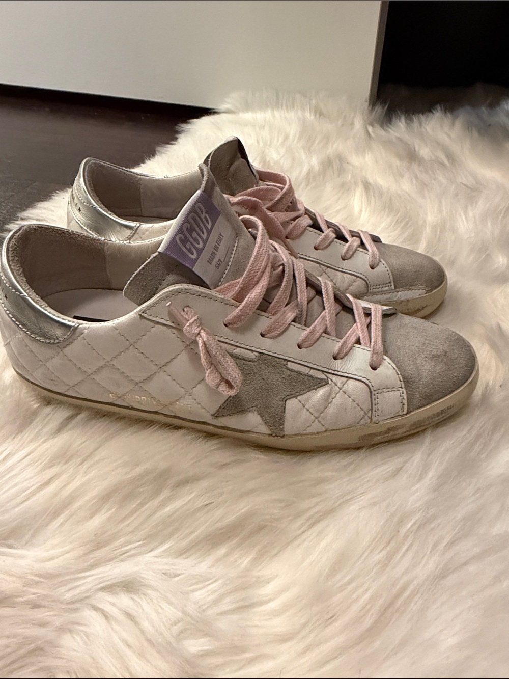 Golden Goose White Quilted Sneakers with Pink Laces